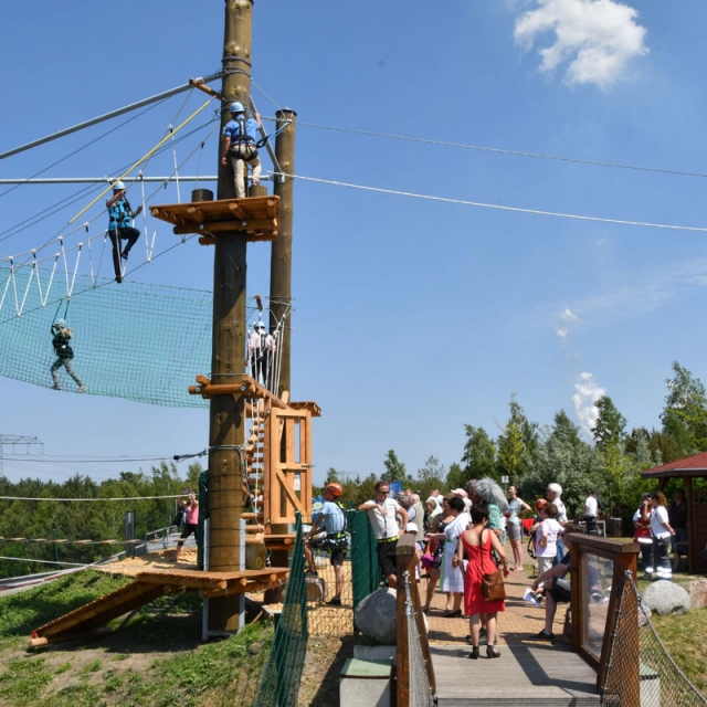 Blick auf den Zipline-Parcours im Erlebnispark Teichland